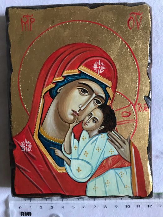 Icoana pictata pe lemn cu foita de aur Maica Domnului cu Pruncul 12x20