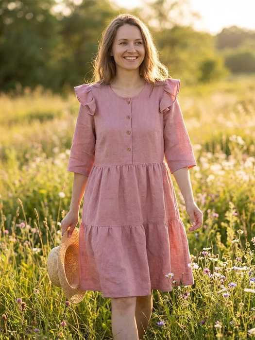 Rochie din in cu nasturi, NOUA, potrivita si pt sarcina/alaptare