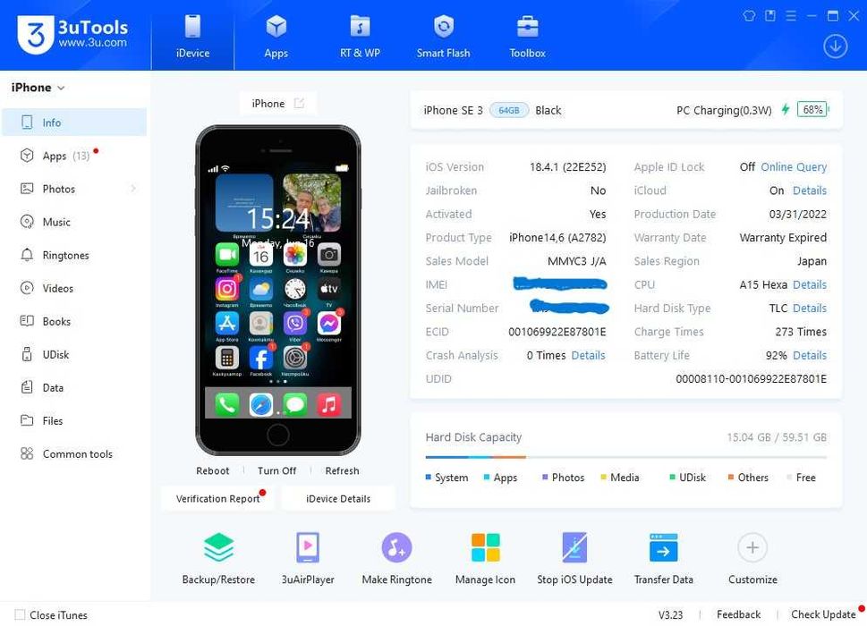 iphone SE 3 Midnight black 64 Gb.Batery health 92%