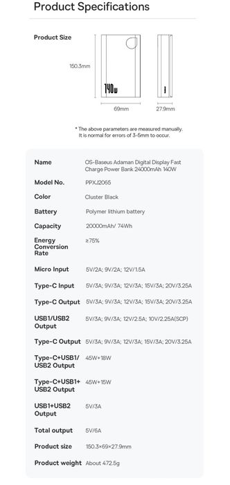 Baseus Adaman 140W / 24000mAh Power Bank for MacBook/Laptop/Ultrabook