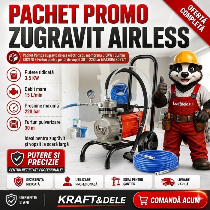 Pachet Pompă de zugrăvit airless electrică cu membrană 3.5KW, 15L/min KD2178 + Furtun pentru pistol de vopsit 30 m, 228 bar MAXROM XD2174