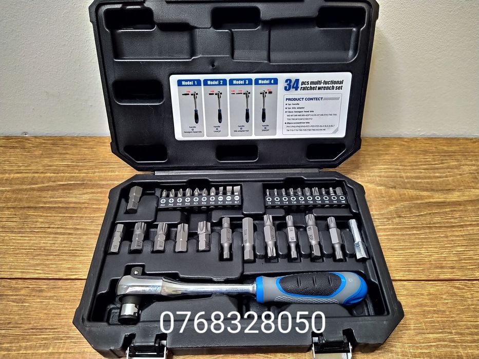 Trusa 34 piese biti clichet cu prindere dubla 1/4 biti si 3/8 tubulare