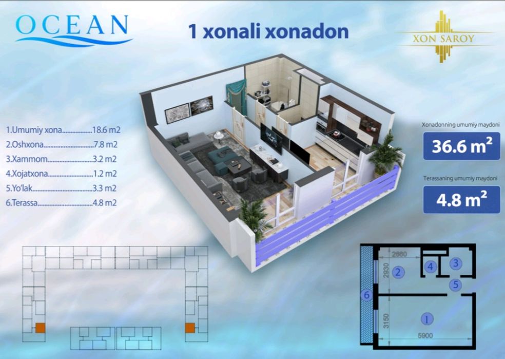Хон-Сарой ЖК Ocean, дом готов, серый ремонт.