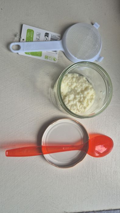 Ciuperca Chefir, Kefir, Iaurt, impreuna cu strecurătoare și lingura