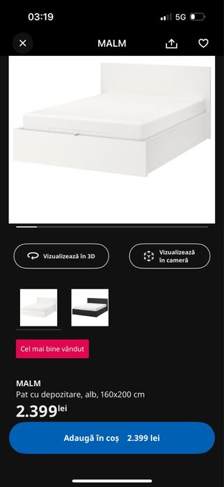 Pat matrimonial alb Ikea Malm cu depozitare, saltea confortabila ikea