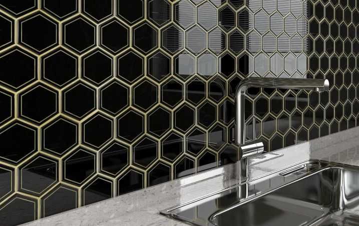 Faianta autoadeziva 3D set 16 buc 30.5x30.5 cm bucatarie baie negru auriu hexagon -LIVRARE GRATUITA !
