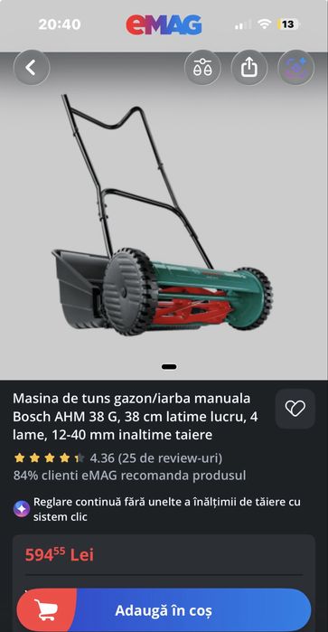 Masina de tuns gazon/iarba manuala Bosch , recomandata pe terenuri fara acces la curent electric
