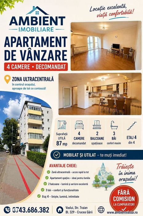 Apartament cu 4 camere, mobilat și utilat, VASLUI - zona ULTRACENTRAL;