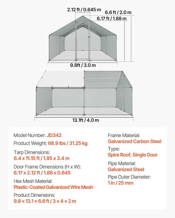 Tarc metalic pentru pasari 3 x 4 x 2 m, otel galvanizat, cu prelata impermeabila si incuietoare, pentru gaini si rate