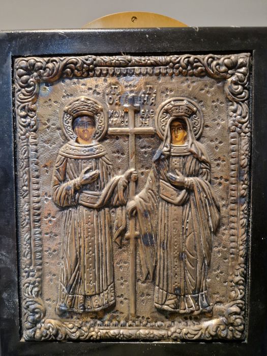 Страхотна антикварна сребърна икона Свети Константин и Елена със серти