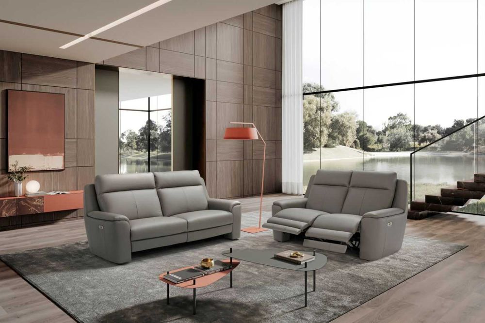 Италиански сив кожен комплект дивани тройка и двойка с ел. релакс