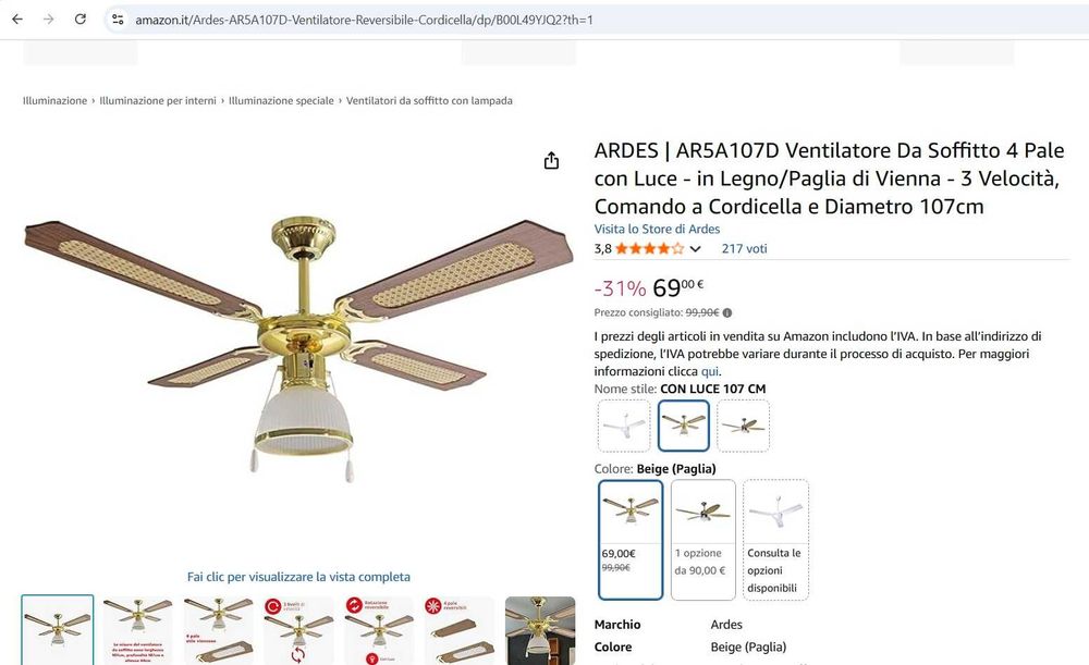 Ventilator de tavan ARDES AR5A107D cu 4 pale și lumină