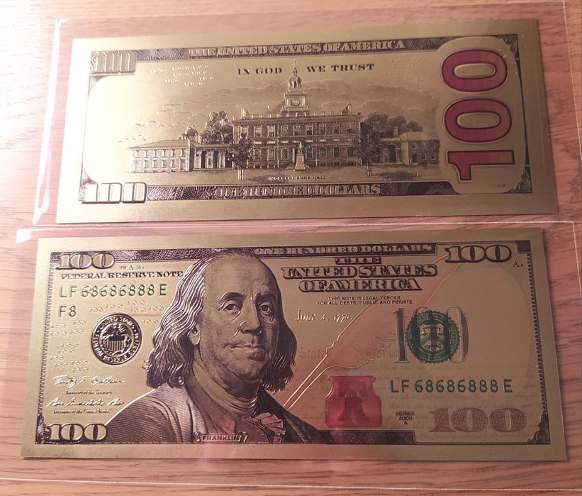 Лот от 5 бр. 100 долара-позлатени,сувенирни,пластични,релефни банкноти