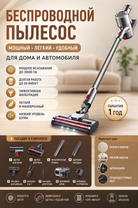 Беспроводной вертикальный пылесос для дома и автомобиля