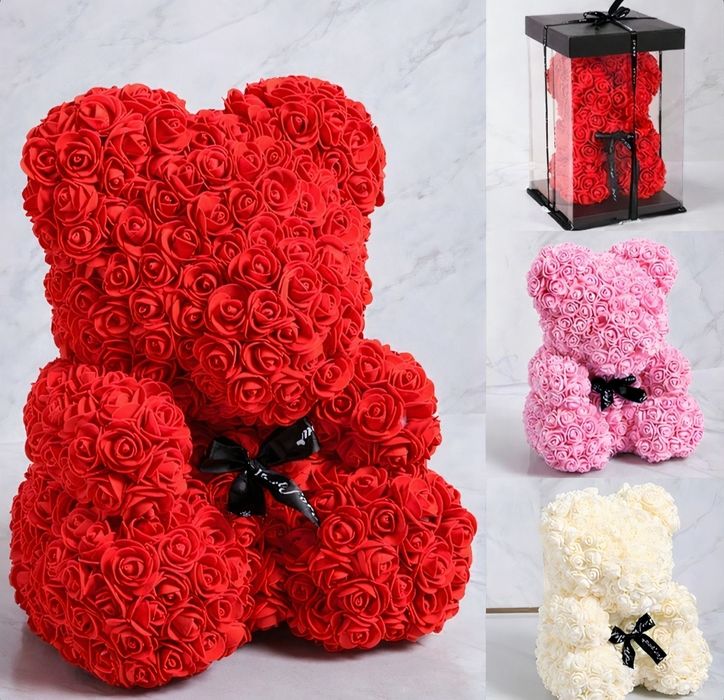 Ursulet din Trandafiri 25cm cu Flori de Spuma, in Cutie Transparenta 3