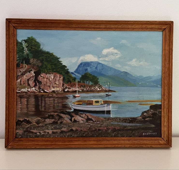 Tablou Vintage Ulei - Peisaj Marin / Lac și Munte cu Ramă Lemn (1980)