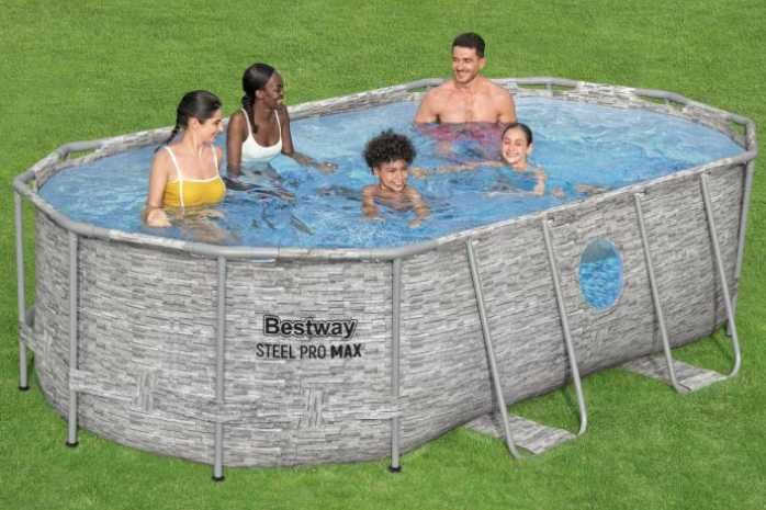 Piscina ovala Bestway, Steel Pro MAX Splashview Frame, cu pompa, scara, si prelata, cadru metalic, gri, 427 x 250 x 100 cm