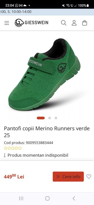 Pantofi copii Merino Runners verzi, m. 34, 22 cm interior