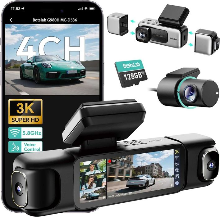 Видеорегистратор BOTSLAB G980H 4 камери 3K резолюция 128GB карта GPS..