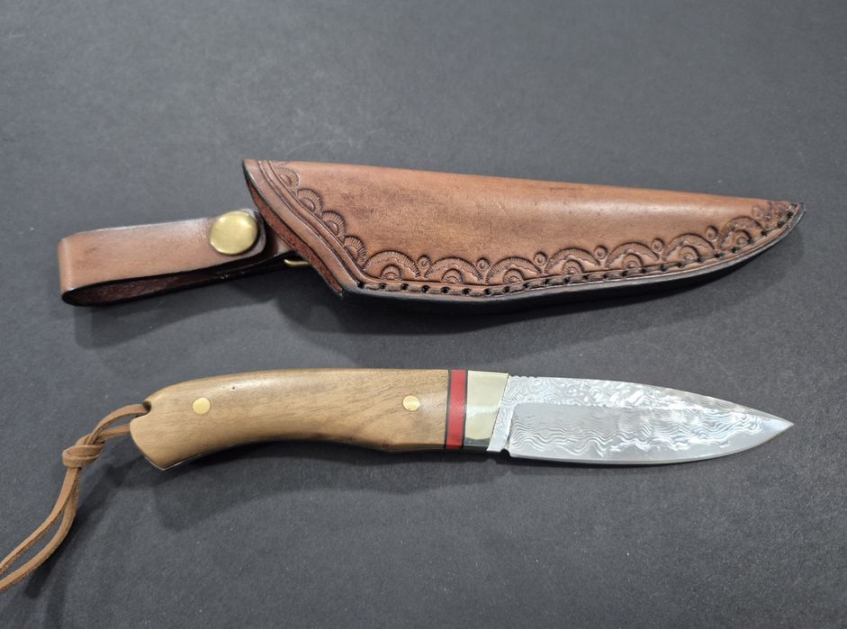 Компактен ловен нож CLRERN, дамаска стомана,фултанг с кожена кания ,LN