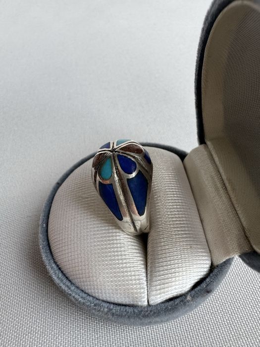 Inel din argint, lapis lazuli, turcoaz si piatra soarelui