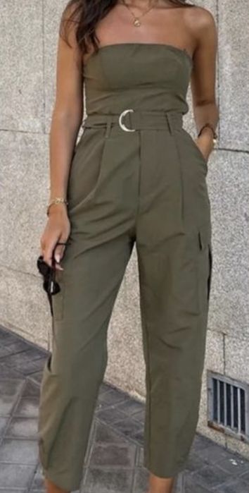 Belted strapless jumpsuit in olive green