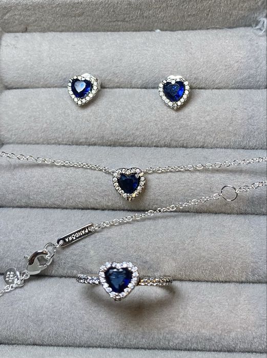 PANDORA Set Argint S925 – Inel mar.7, Cercei, Colier – Inimă Albastră – NOU