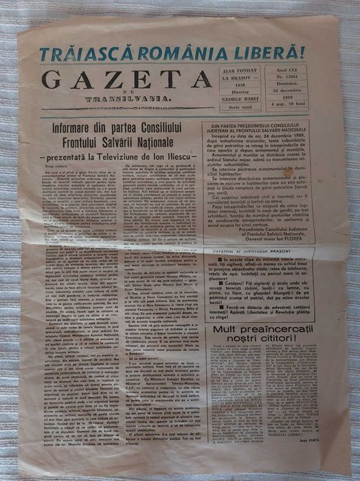 Ziarul Libertatea 23 decembrie 1989/Gazeta Transilvania 24 decembrie