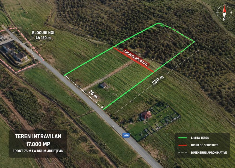 Teren intravilan 17.000 mp – Apahida – front 76 m la drum județean asfaltat – ideal dezvoltare rezidențială sau industrială – expunere sudică