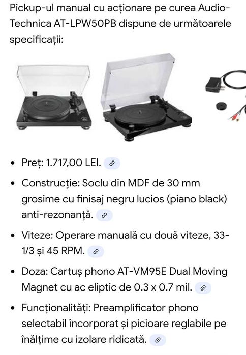 PICK-UP manual cu actionare pe curea AUDIO TEHNICA NOU NEDESIGILAT