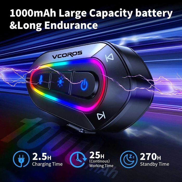 Слушалки за мотоциклетна каска VCOROS VR2 с 16-цветни RGB светлини