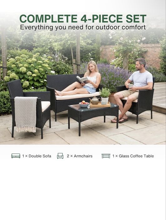 Set mobilier de grădină din ratan cu 4 piese: Set canapea/masă neagră pentru terasă