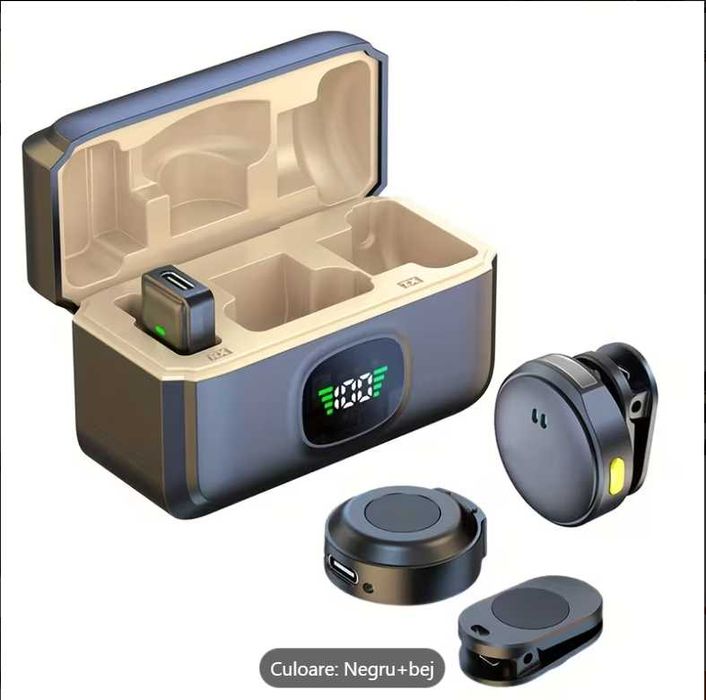 Set 2 Microfoane Lavaliera Profesionale cu Magnet, Mufe Type C si Lightning , Wireless, Reducere Android