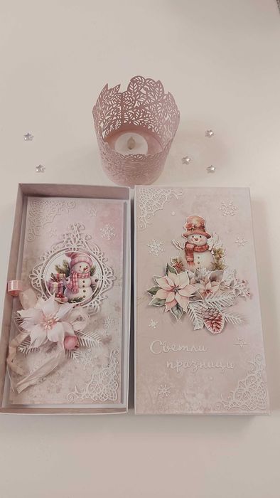 Елегантни коледни картички в кутия с обемни цветя, ръчно изработени