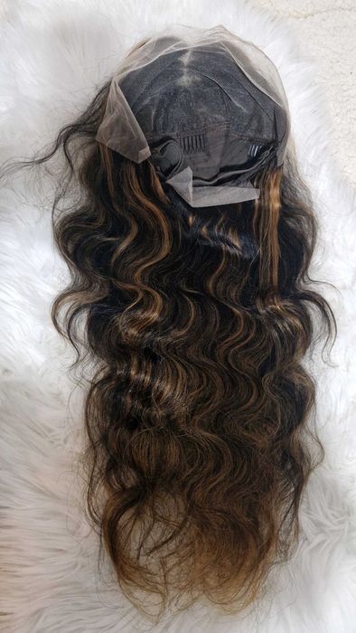 Естествена черна чуплива перука с руси кичури 75 см - Lace Front 13x6