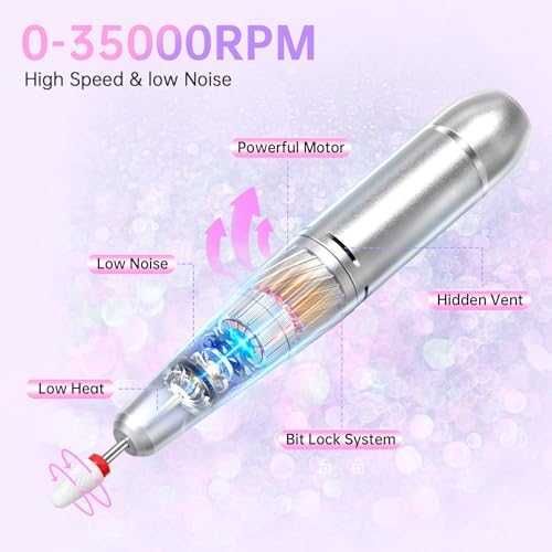 Професионална пила за нокти 35000RPM, безжична, комплект 12 накрайника