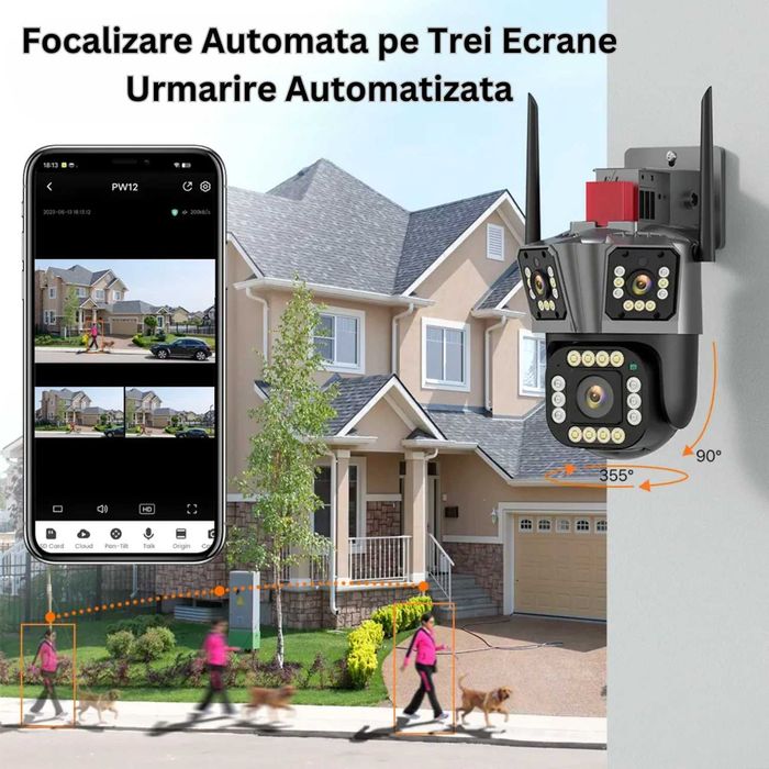 Camera de supraveghere tripla WIFI, 12MP, 32 GB, PTZ, CCTV, zoom 10x