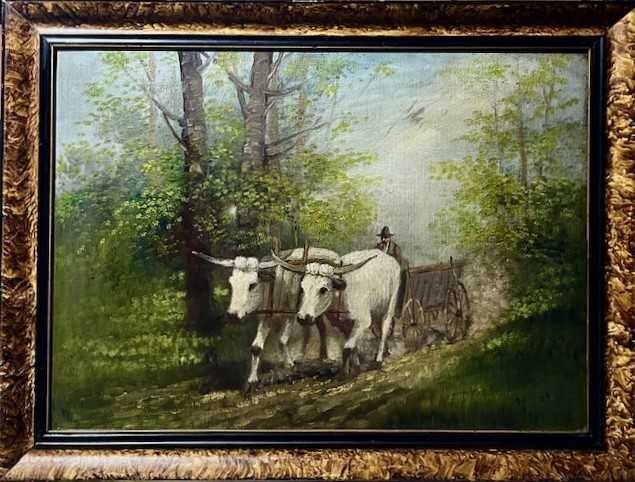 ”CAR CU BOI” tablou VECHI, in ulei/pânză/cart, semnat 70x50cm+Rama