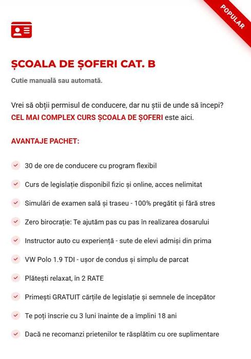 Școala de șoferi cat. B / redobândire permis / perfecționare auto / reexaminare traseu - Botoșani