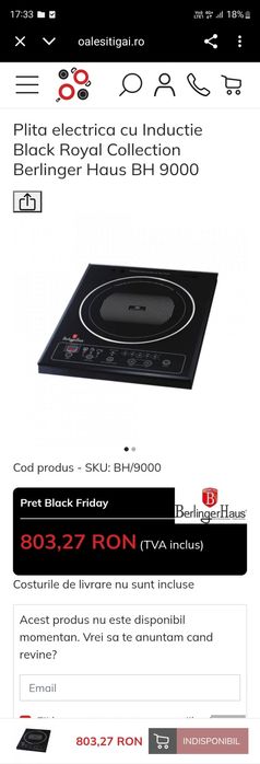 Plită cu inducție BerlingerHaus BH-9010 – 1800W – Nouă, sigilată