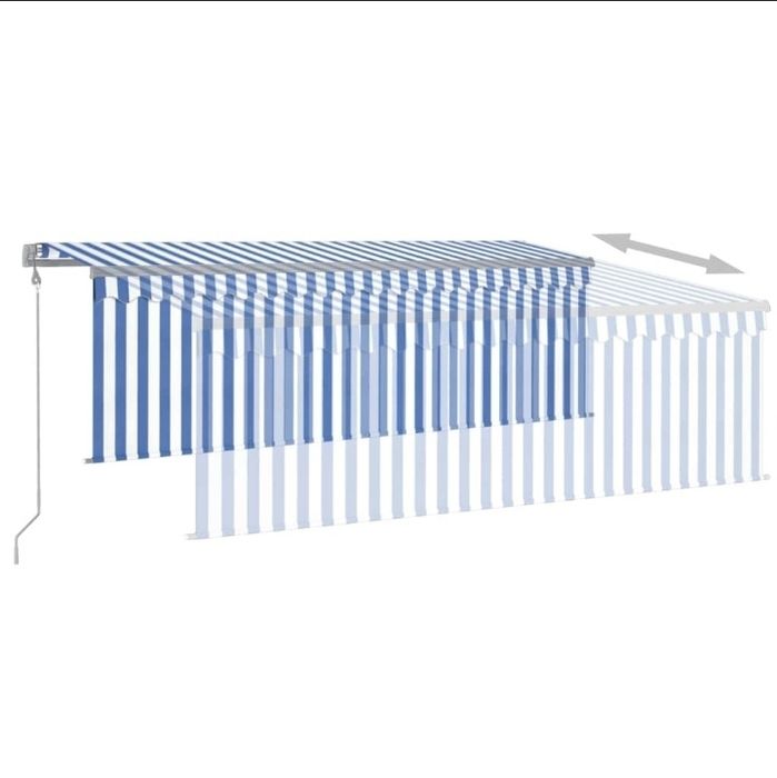 Copertină retractabilă automată 3 x 2,5 m albastră/albă cu baldachin, protecție UV și telecomandă, copertină impermeabilă pentru terasă