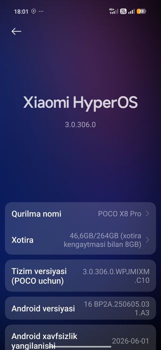 Poco x8 pro 8+8/264GB yangi