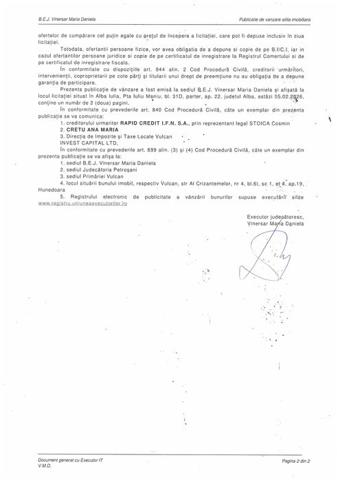 Apartament de vanzare Vulcan, jud. Hunedoara -LICITATIE