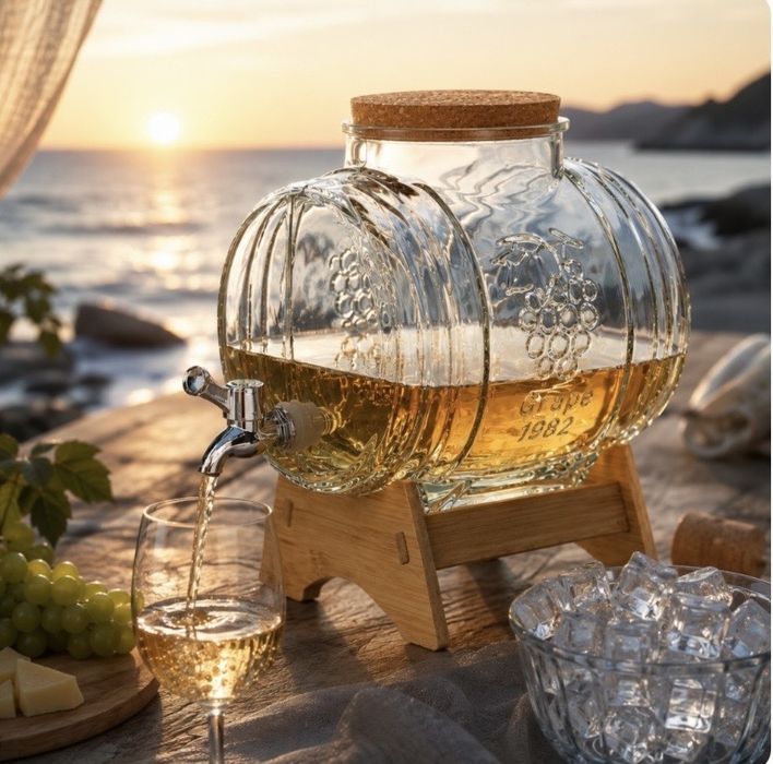 Стъклено буре 5 литра, с кранче и дървена поставка за вино, ракия и домашни напитки