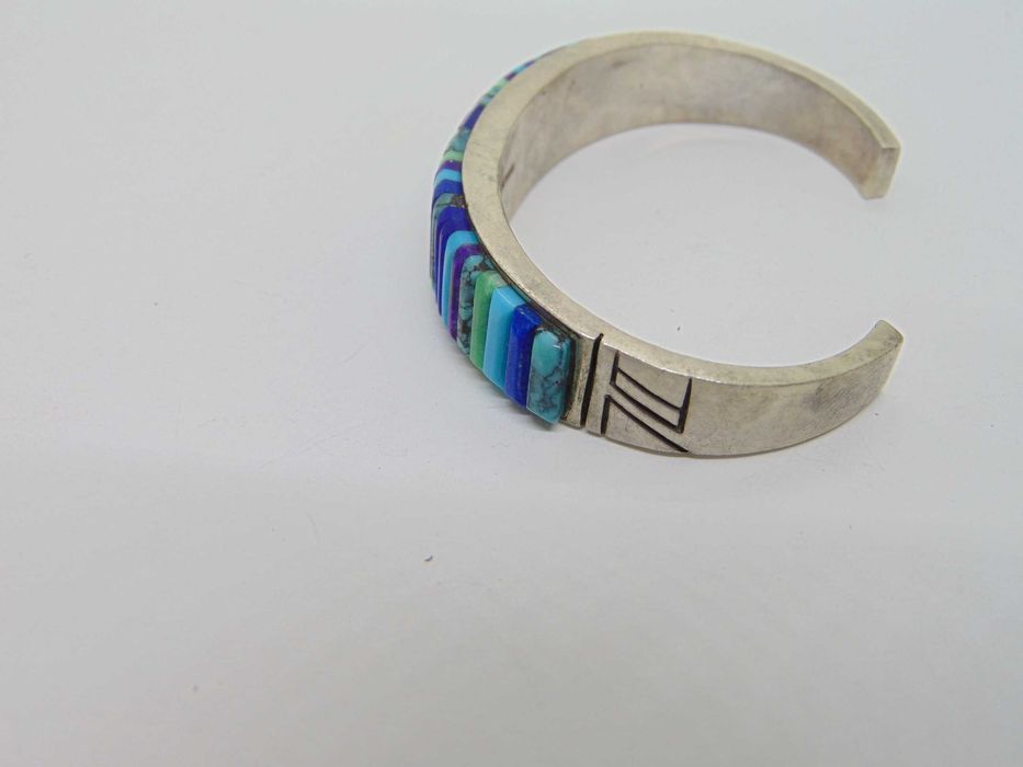 Bratara amerindiana navajo din argint cu inlay turcoaz, lapis lazuli