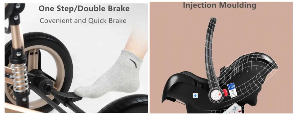 Carucior 3 in 1, Suspensie dubla pe roata, strangere compacta, Belecoo, bej