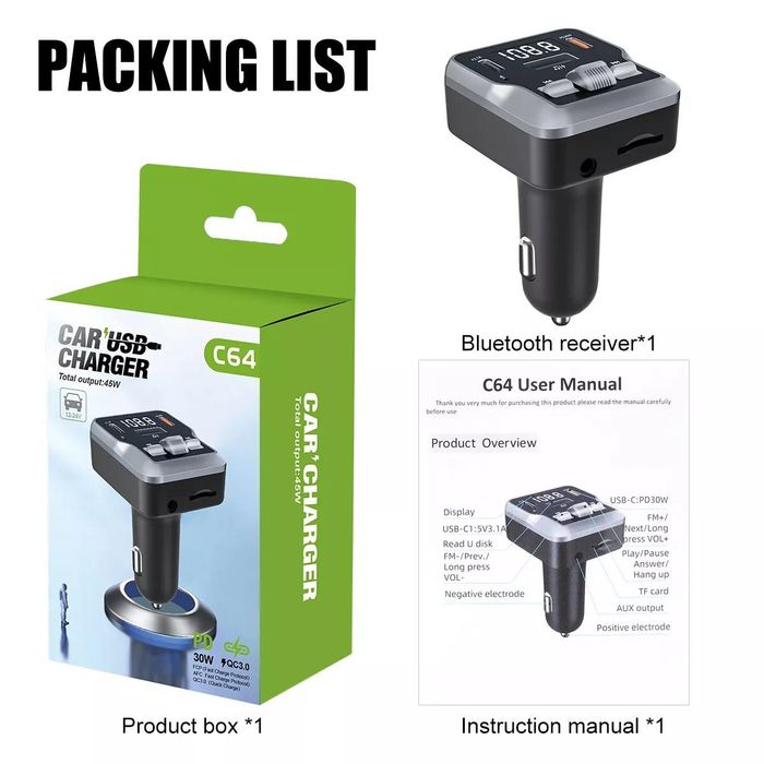 Bluetooth fm предавател за кола, mp3 плейър, радио, pd, usb-c, ...