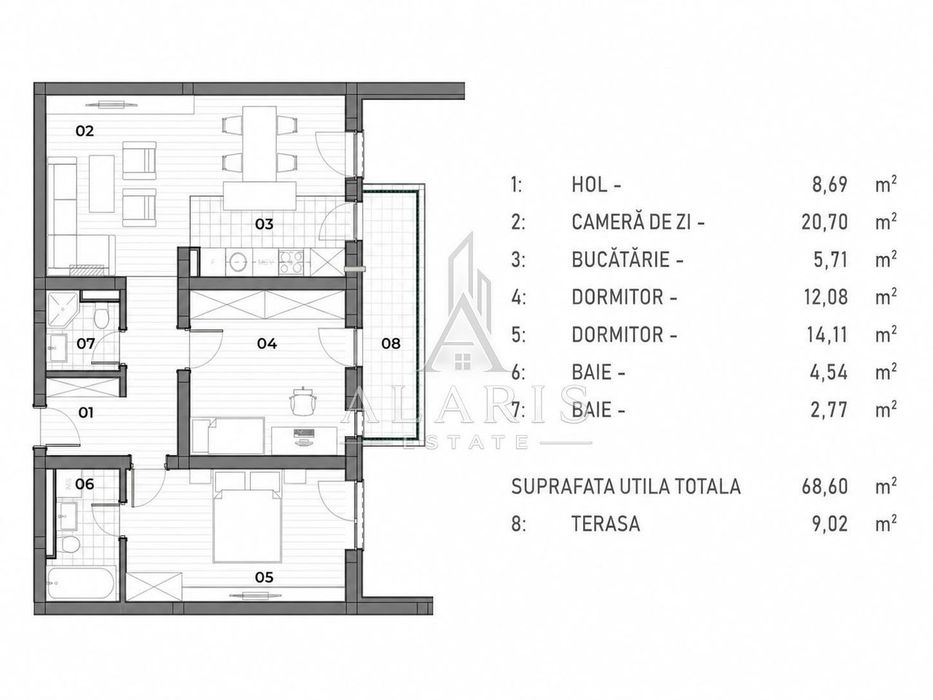 Apartament cu 3 camere, open space, in Braytim