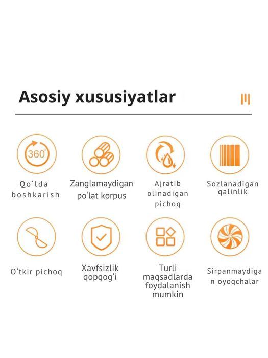 Ko‘p funksiyali qo‘lda ishlatiladigan slyayser, tilimlab kesish uchun.