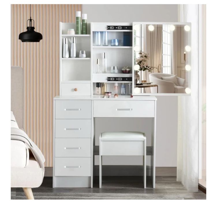 Masuta de toaleta pt machiaj cu oglinda iluminata, 5 sertare, taburet